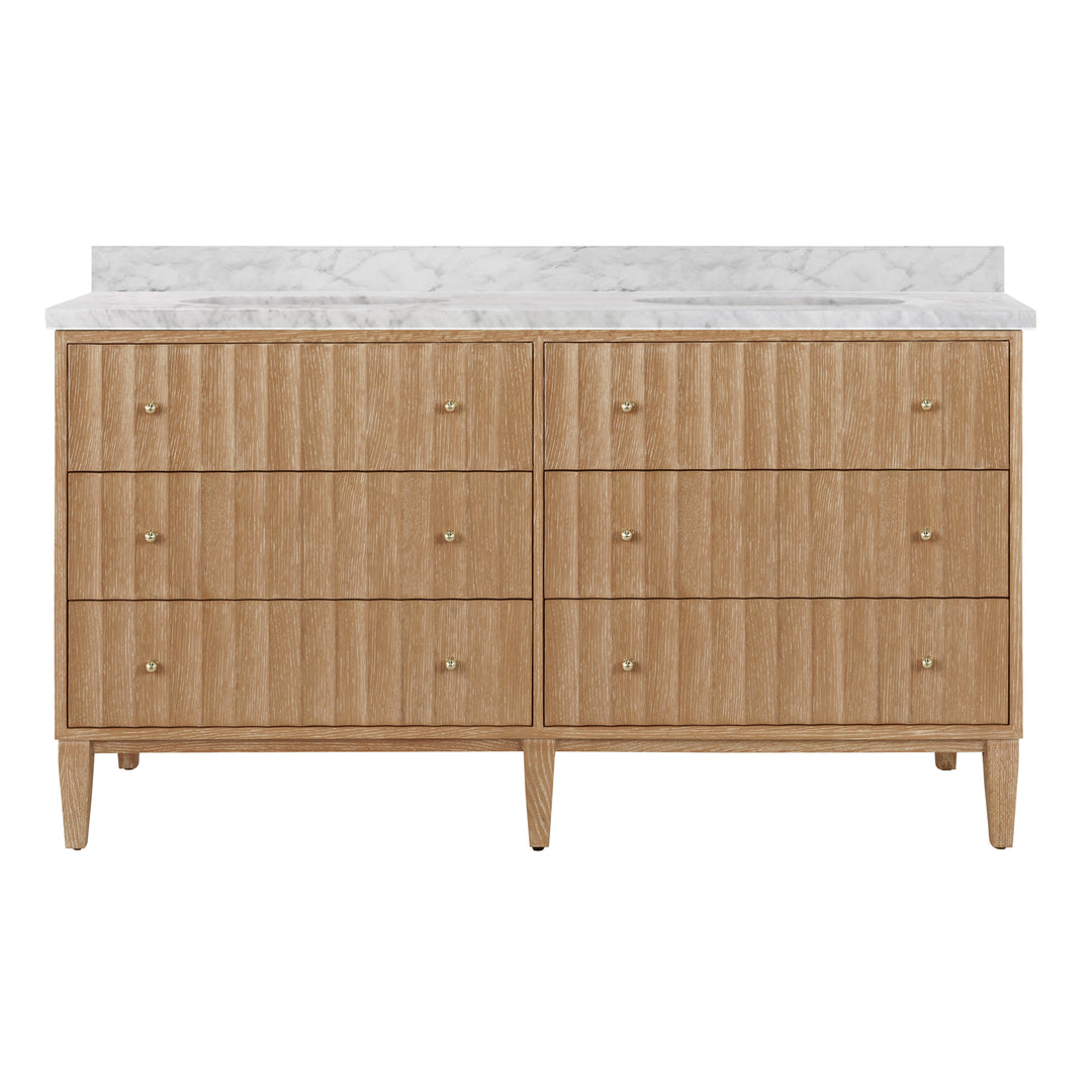 Bath Vanity With Vertical Fluted Detail On Drawers In Cerused Oak With White Marble Top, Double Porcelain Sinks, And Polished Brass Knobs, 60" Wide - ODIN 60 CO