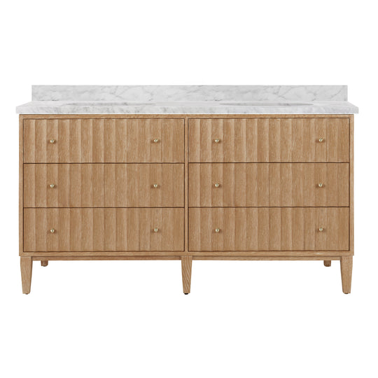 Bath Vanity With Vertical Fluted Detail On Drawers In Cerused Oak With White Marble Top, Double Porcelain Sinks, And Polished Brass Knobs, 60" Wide - ODIN 60 CO