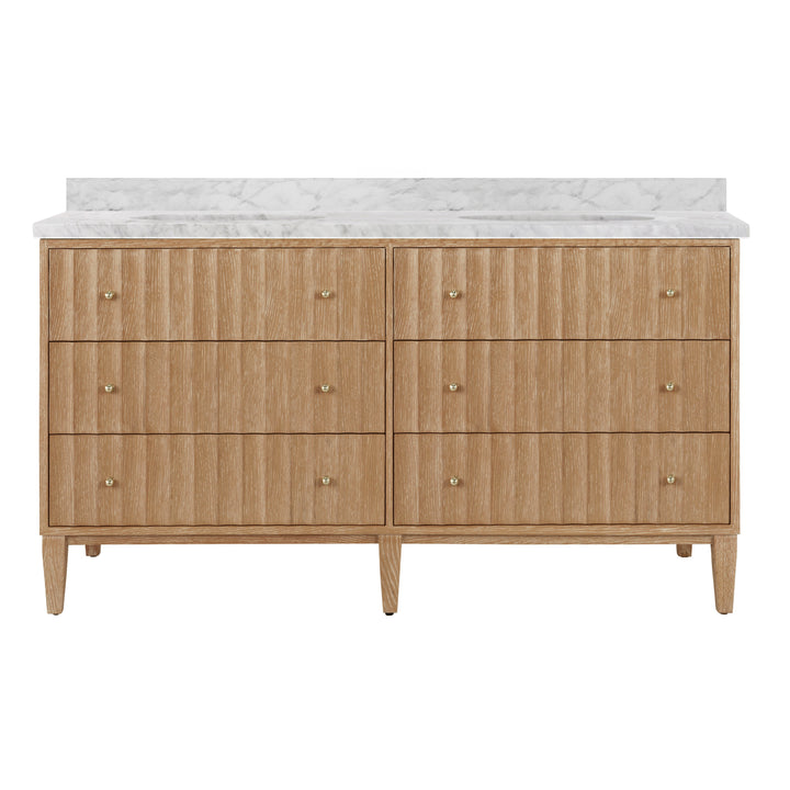 Bath Vanity With Vertical Fluted Detail On Drawers In Cerused Oak With White Marble Top, Double Porcelain Sinks, And Polished Brass Knobs, 60" Wide - ODIN 60 CO