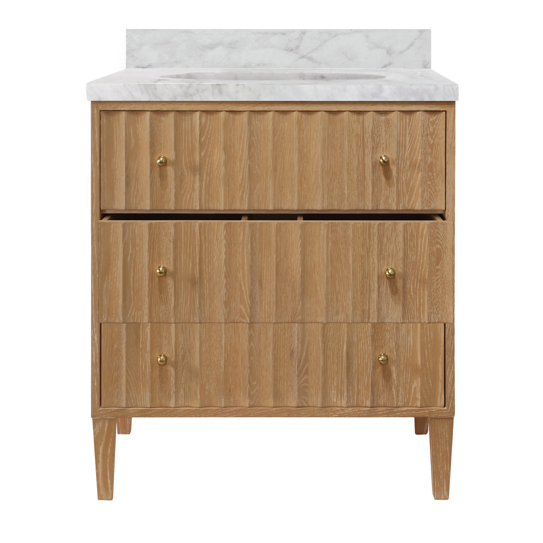 Bath Vanity With Vertical Fluted Detail On Drawers In Cerused Oak With White Marble Top, Porcelain Sink, And Polished Brass Knobs - ODIN CO