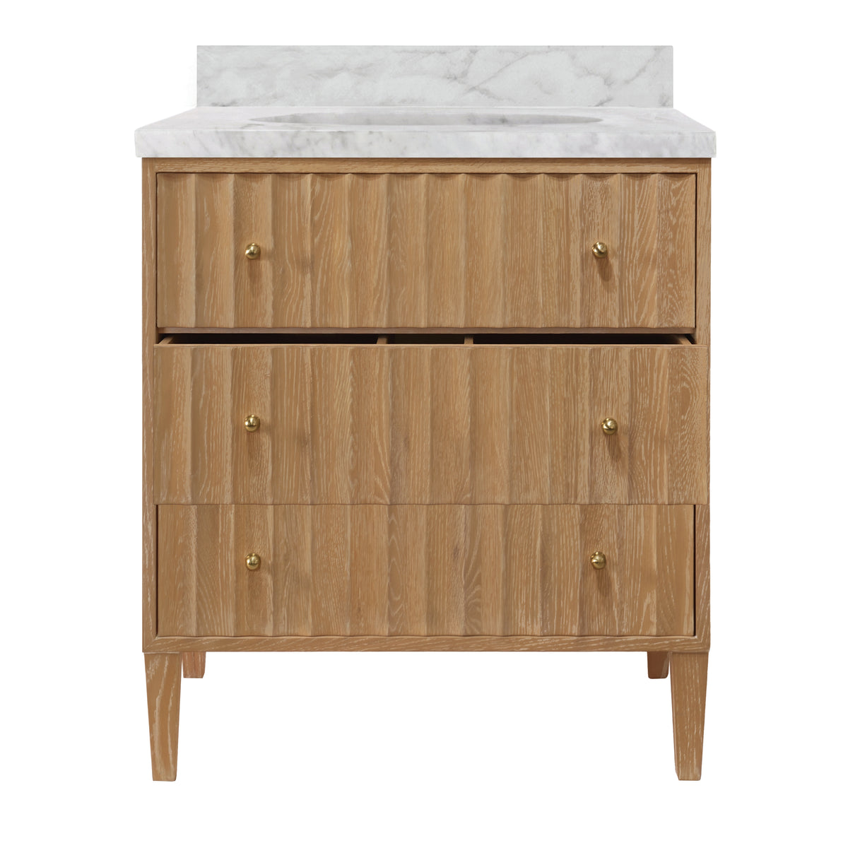 Bath Vanity With Vertical Fluted Detail On Drawers In Cerused Oak With White Marble Top, Porcelain Sink, And Polished Brass Knobs - ODIN CO