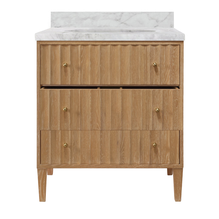 Bath Vanity With Vertical Fluted Detail On Drawers In Cerused Oak With White Marble Top, Porcelain Sink, And Polished Brass Knobs - ODIN CO