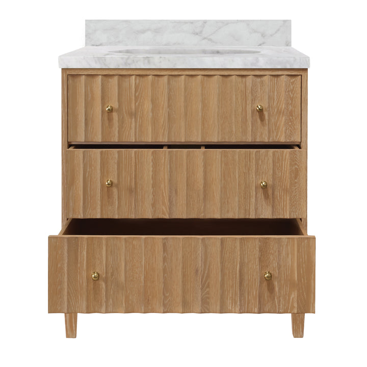 Bath Vanity With Vertical Fluted Detail On Drawers In Cerused Oak With White Marble Top, Porcelain Sink, And Polished Brass Knobs - ODIN CO
