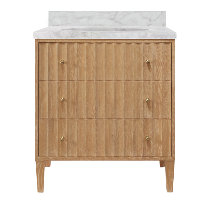 Bath Vanity With Vertical Fluted Detail On Drawers In Cerused Oak With White Marble Top, Porcelain Sink, And Polished Brass Knobs - ODIN CO