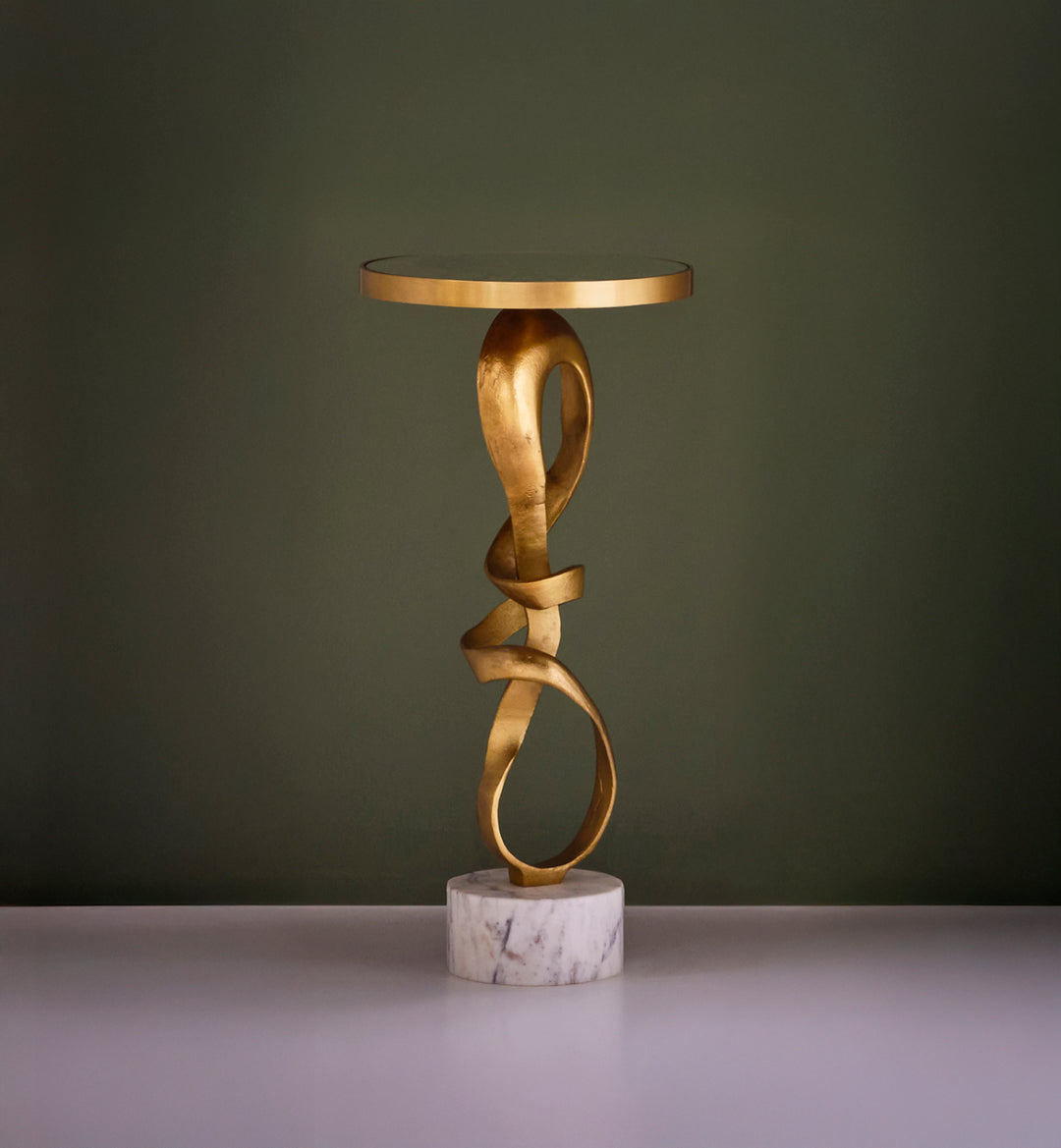 Round Sculptural Loop Base Side Table In Antique Brass With Inset Mirror Top - OLYMPIA