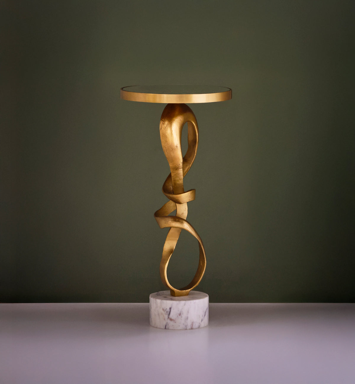 Round Sculptural Loop Base Side Table In Antique Brass With Inset Mirror Top - OLYMPIA