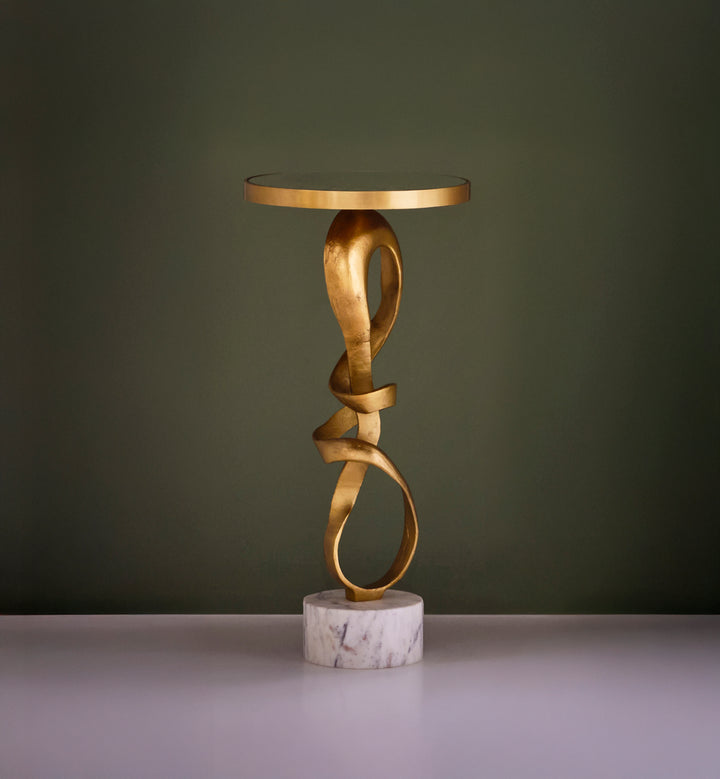 Round Sculptural Loop Base Side Table In Antique Brass With Inset Mirror Top - OLYMPIA
