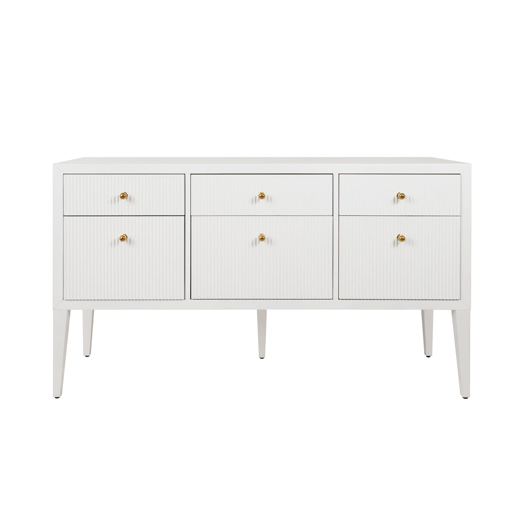 Fluted Six Drawer Buffet With Brass Knobs In Glossy White Lacquer - PALMER WH