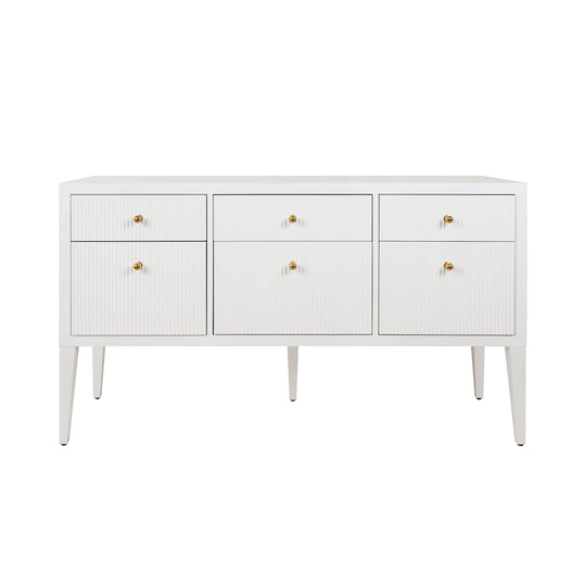 Fluted Six Drawer Buffet With Brass Knobs In Glossy White Lacquer - PALMER WH