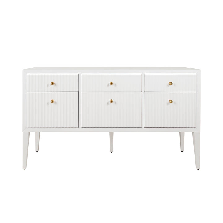 Fluted Six Drawer Buffet With Brass Knobs In Glossy White Lacquer - PALMER WH