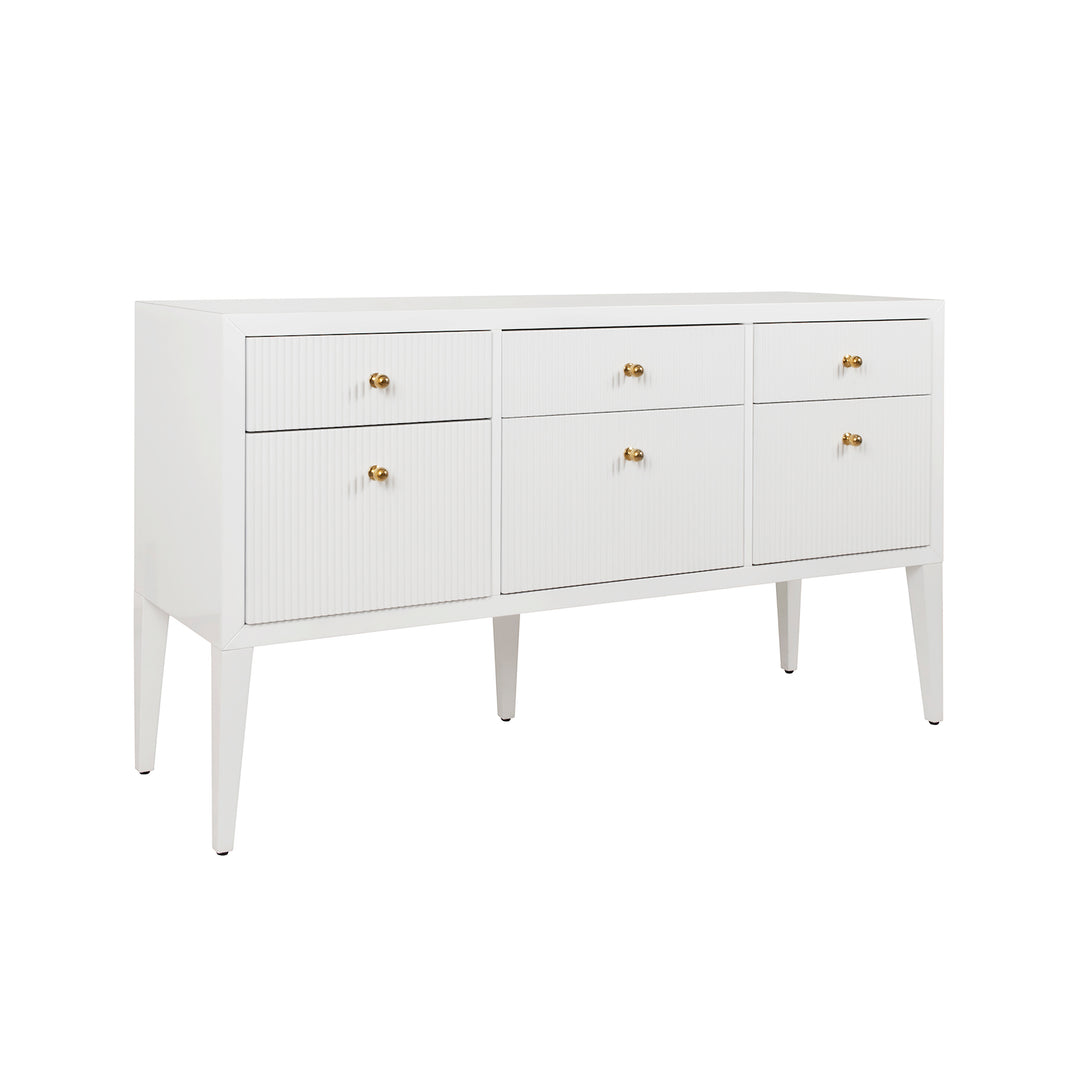 Fluted Six Drawer Buffet With Brass Knobs In Glossy White Lacquer - PALMER WH