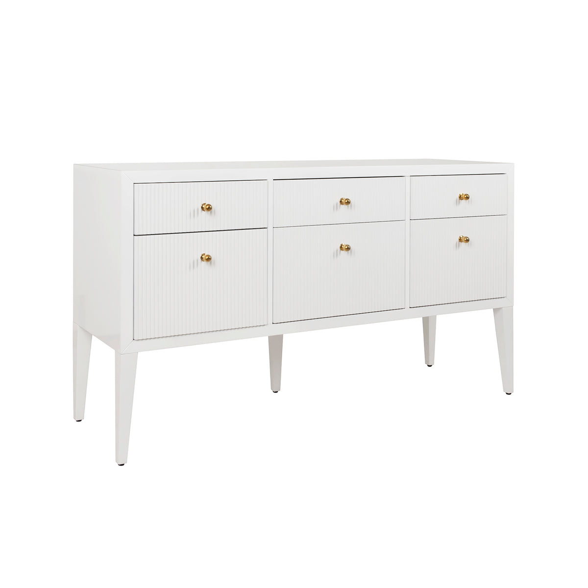 Fluted Six Drawer Buffet With Brass Knobs In Glossy White Lacquer - PALMER WH
