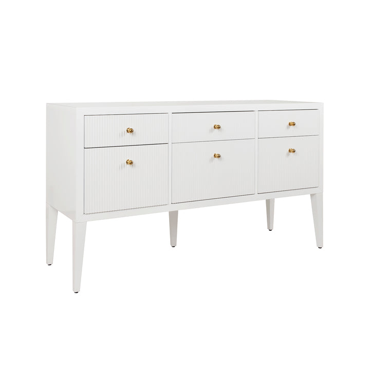 Fluted Six Drawer Buffet With Brass Knobs In Glossy White Lacquer - PALMER WH