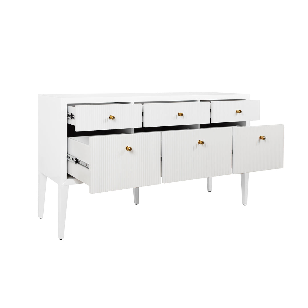 Fluted Six Drawer Buffet With Brass Knobs In Glossy White Lacquer - PALMER WH