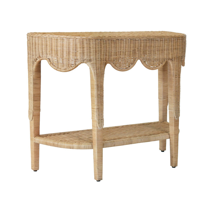 Scalloped Top Demi Lune Console In Woven Rattan With Open Shelf - PALOMA