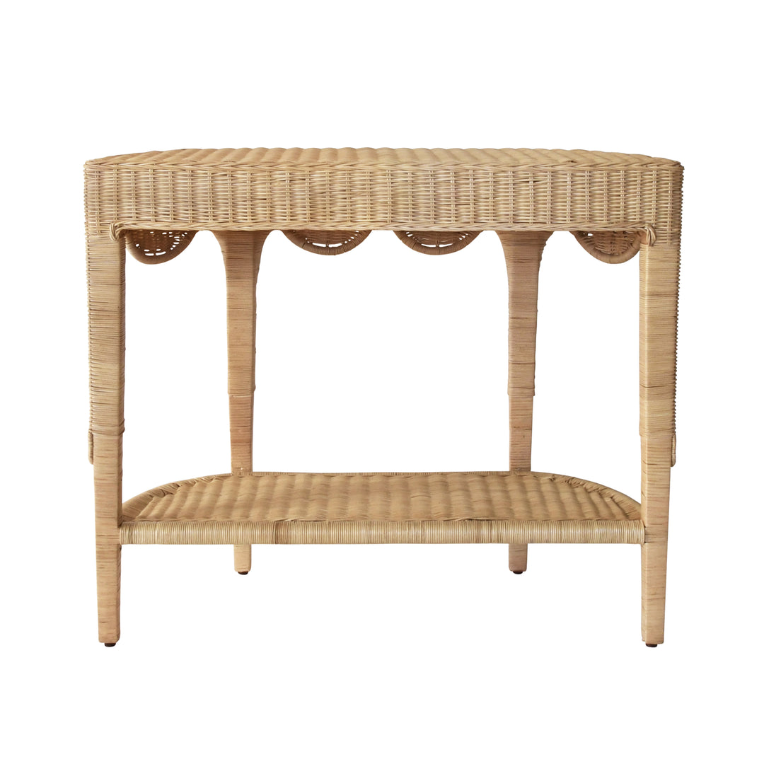 Scalloped Top Demi Lune Console In Woven Rattan With Open Shelf - PALOMA