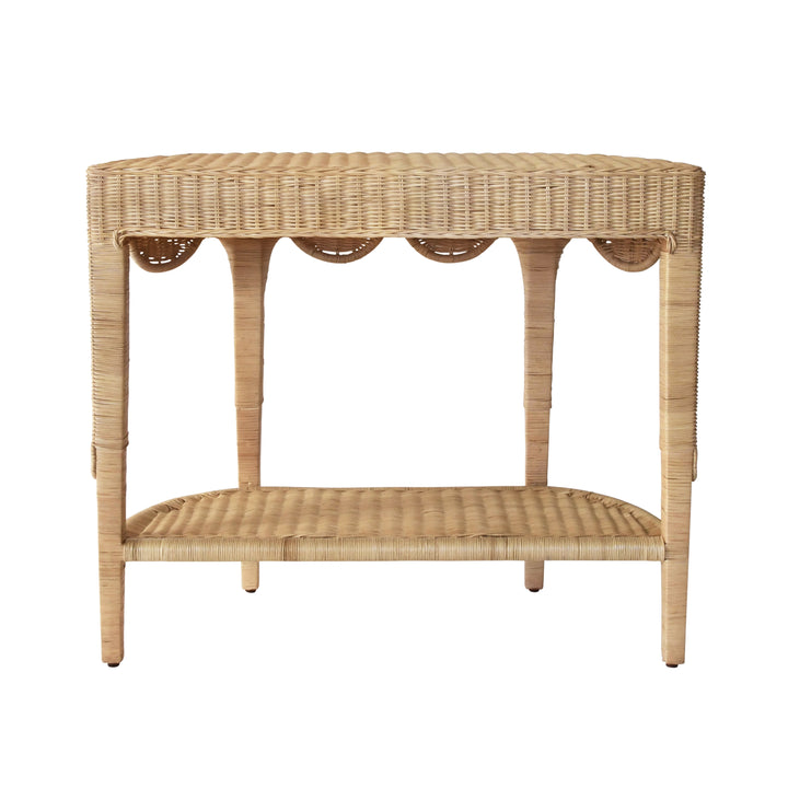 Scalloped Top Demi Lune Console In Woven Rattan With Open Shelf - PALOMA