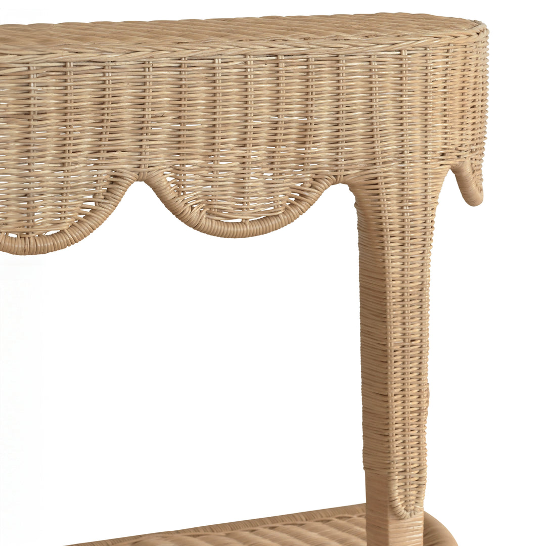 Scalloped Top Demi Lune Console In Woven Rattan With Open Shelf - PALOMA
