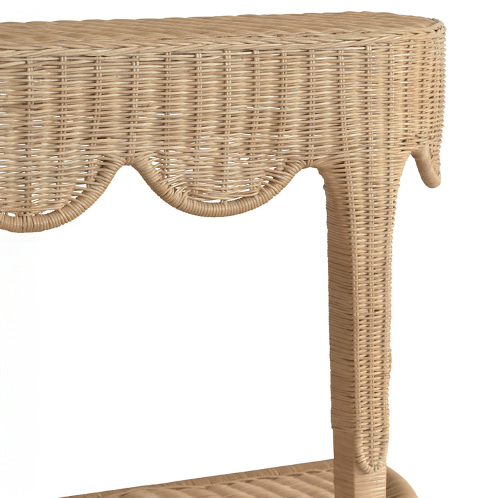 Scalloped Top Demi Lune Console In Woven Rattan With Open Shelf - PALOMA