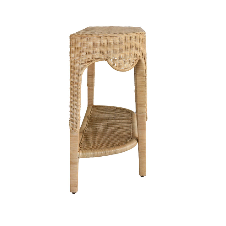 Scalloped Top Demi Lune Console In Woven Rattan With Open Shelf - PALOMA