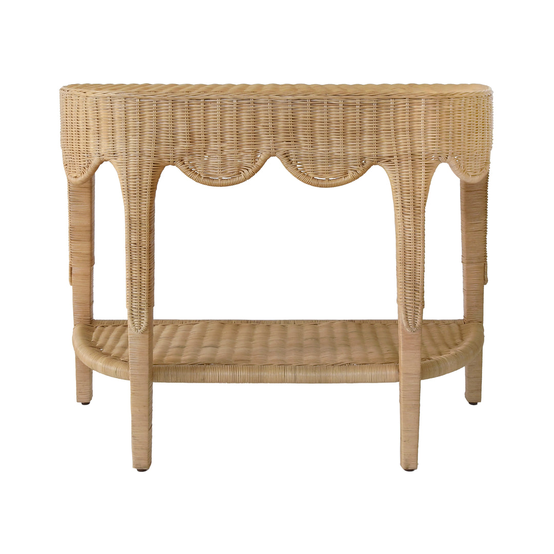 Scalloped Top Demi Lune Console In Woven Rattan With Open Shelf - PALOMA