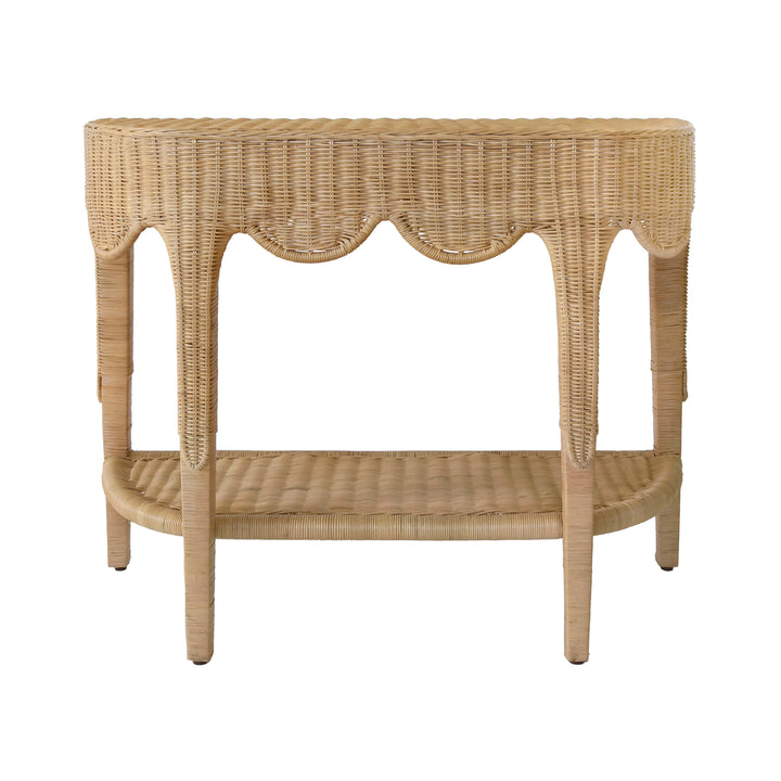 Scalloped Top Demi Lune Console In Woven Rattan With Open Shelf - PALOMA