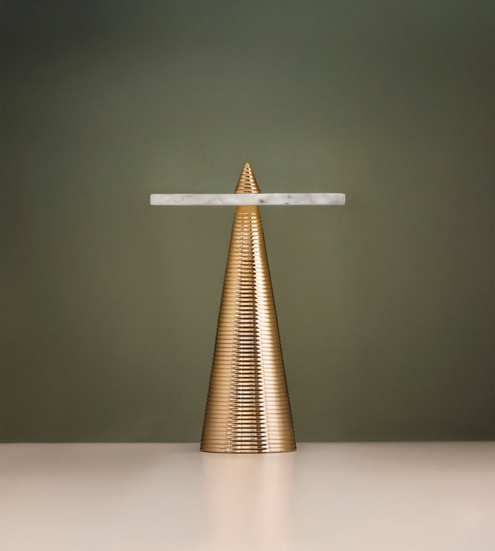 Round Side Table With Conical Coiled Brass Base And White Marble Top


 - PASHA