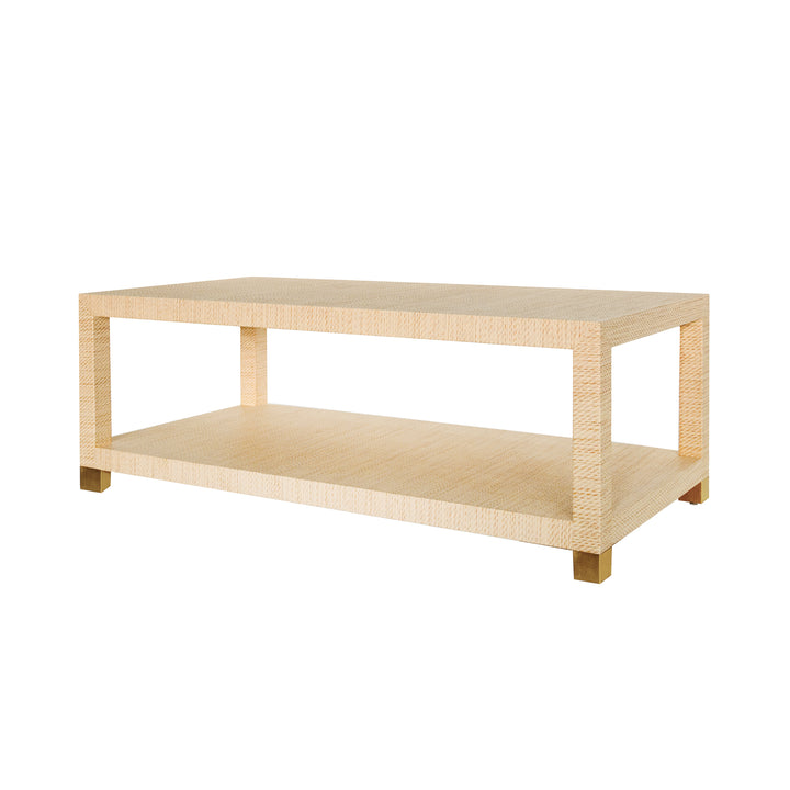 Coffee Table With Antique Brass Foot Caps In Natural Grasscloth - PATRICIA NAT