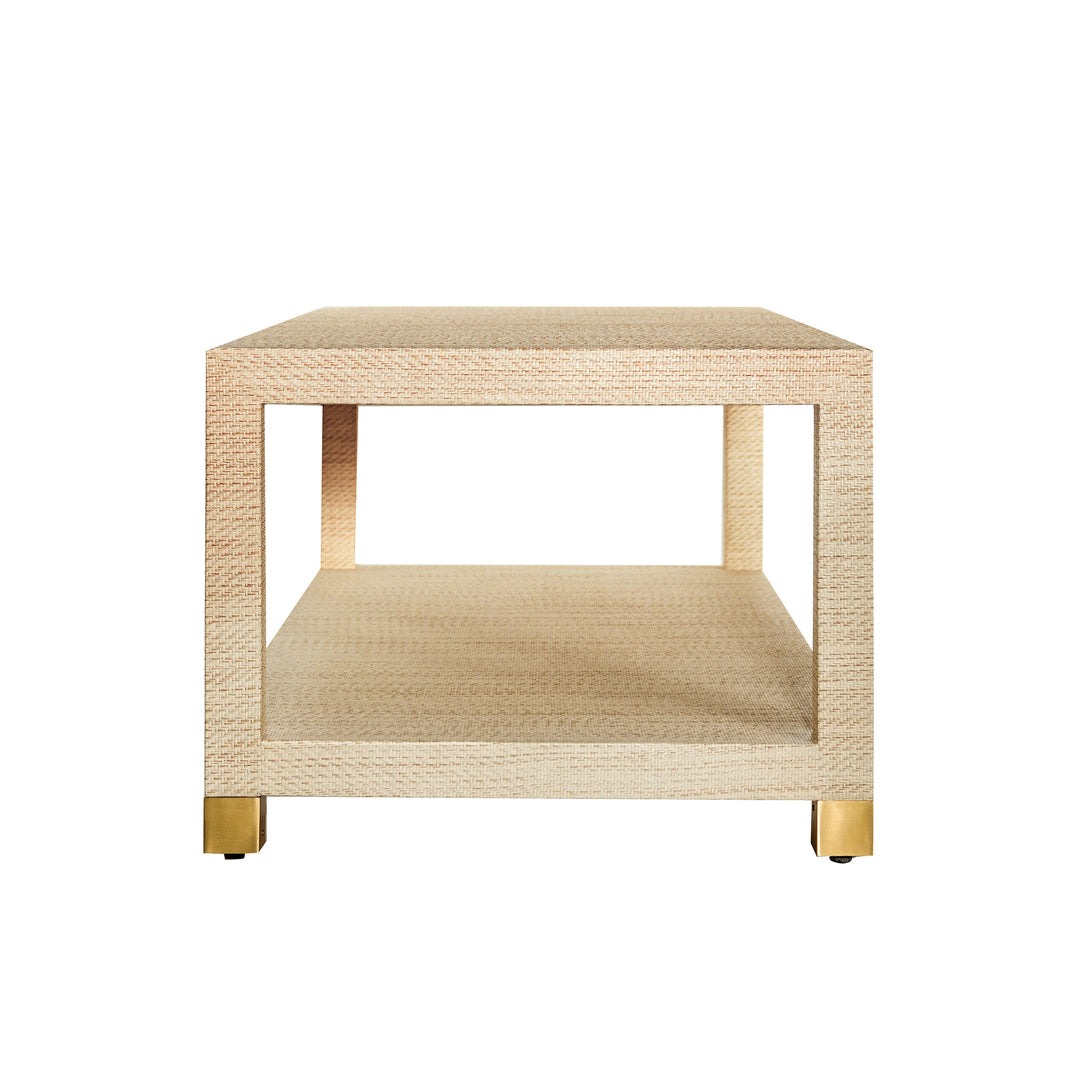 Coffee Table With Antique Brass Foot Caps In Natural Grasscloth - PATRICIA NAT