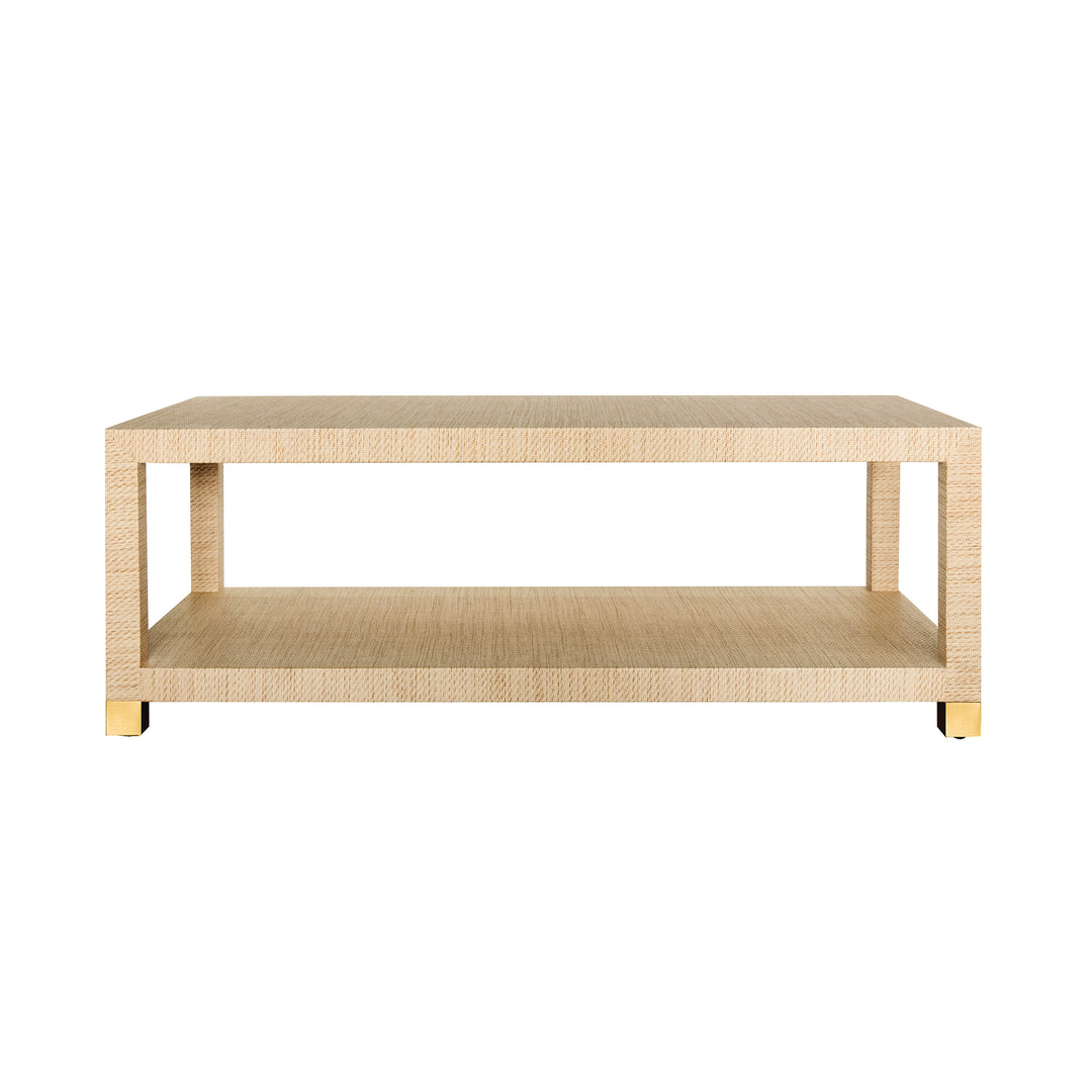 Coffee Table With Antique Brass Foot Caps In Natural Grasscloth - PATRICIA NAT