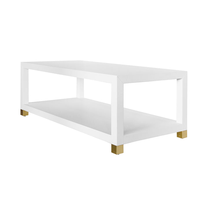 Coffee Table With Antique Brass Foot Caps In Matte White Lacquer - PATRICIA WH