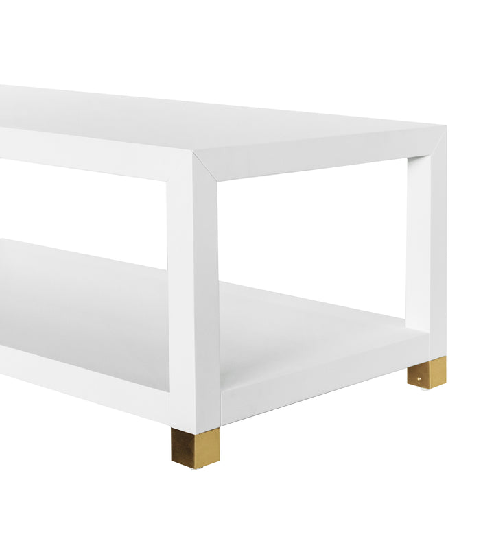Coffee Table With Antique Brass Foot Caps In Matte White Lacquer - PATRICIA WH