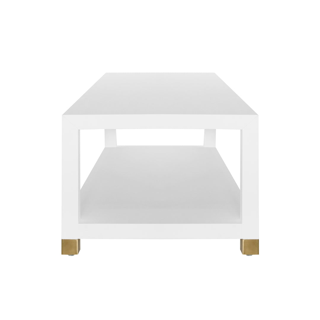 Coffee Table With Antique Brass Foot Caps In Matte White Lacquer - PATRICIA WH