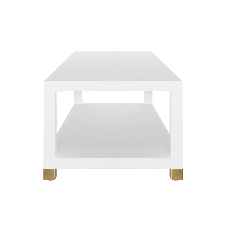 Coffee Table With Antique Brass Foot Caps In Matte White Lacquer - PATRICIA WH