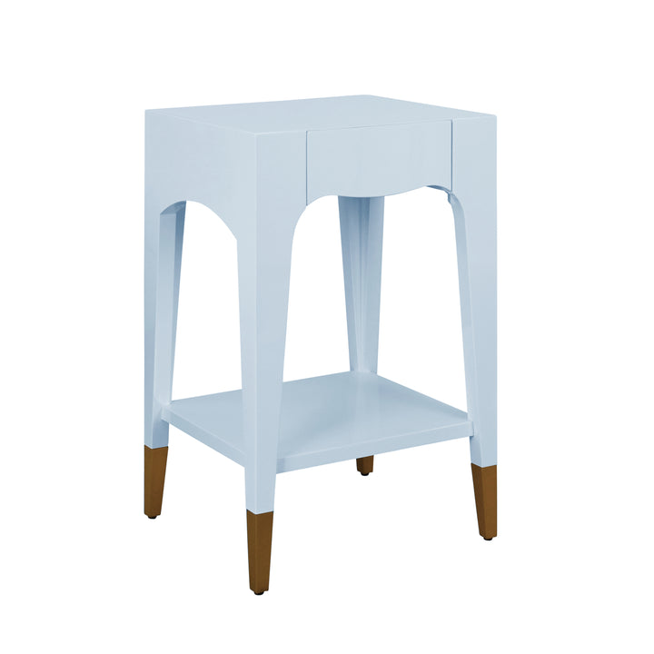 Tapered Leg One Drawer Side Table With Antique Brass Foot Caps In Blue Lacquer - PATTI LB