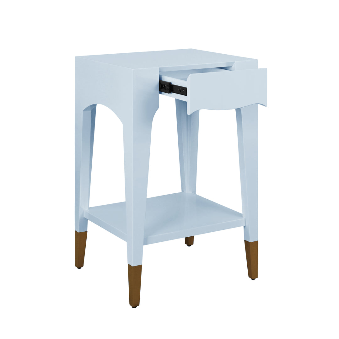 Tapered Leg One Drawer Side Table With Antique Brass Foot Caps In Blue Lacquer - PATTI LB