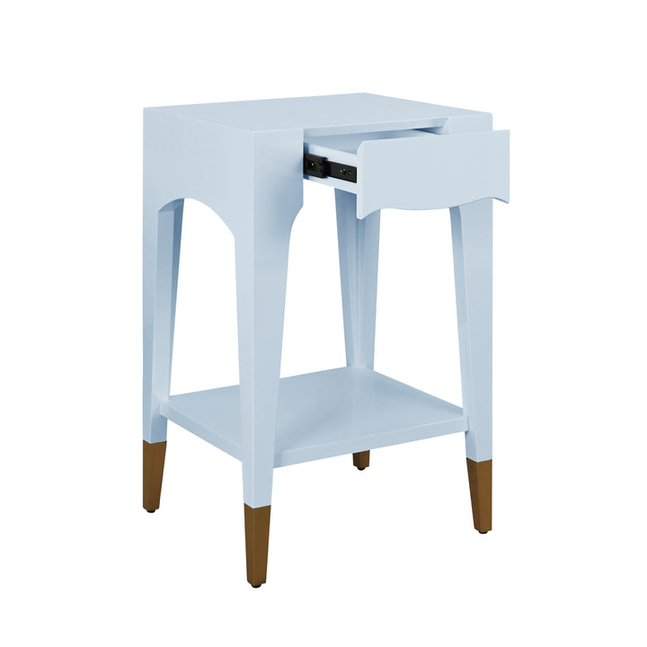 Tapered Leg One Drawer Side Table With Antique Brass Foot Caps In Blue Lacquer - PATTI LB