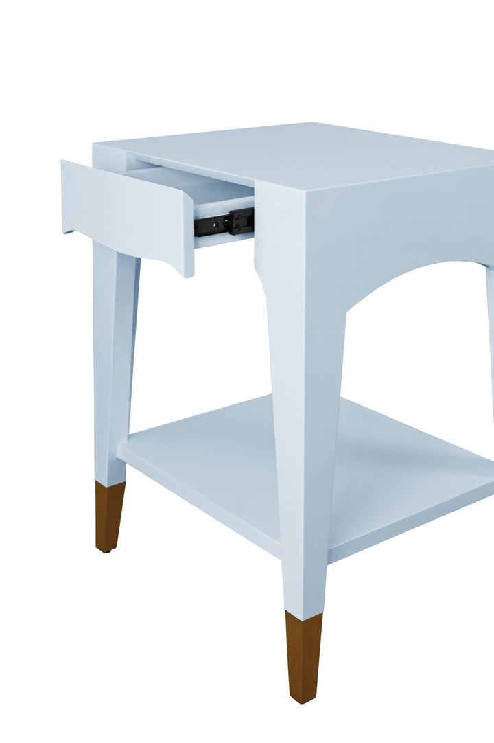 Tapered Leg One Drawer Side Table With Antique Brass Foot Caps In Blue Lacquer - PATTI LB