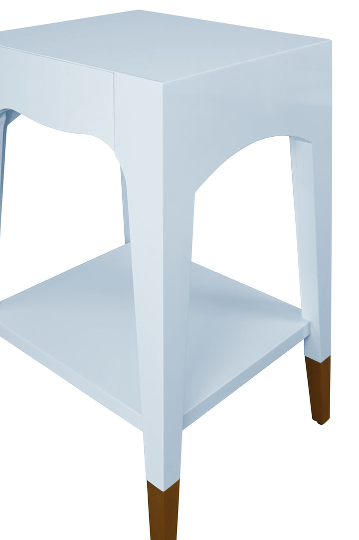 Tapered Leg One Drawer Side Table With Antique Brass Foot Caps In Blue Lacquer - PATTI LB