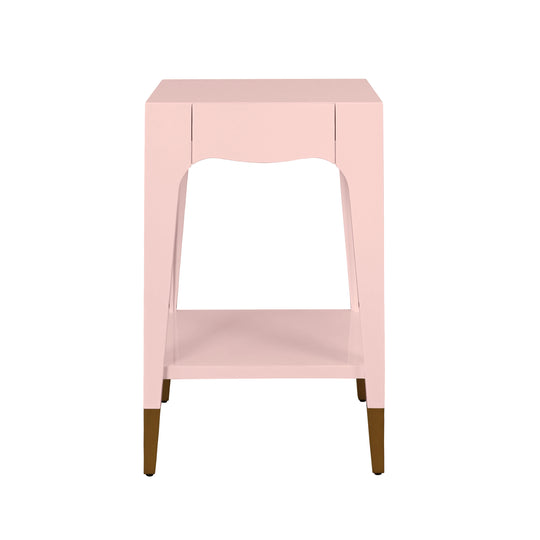 Tapered Leg One Drawer Side Table With Antique Brass Foot Caps In Rose Lacquer - PATTI PI