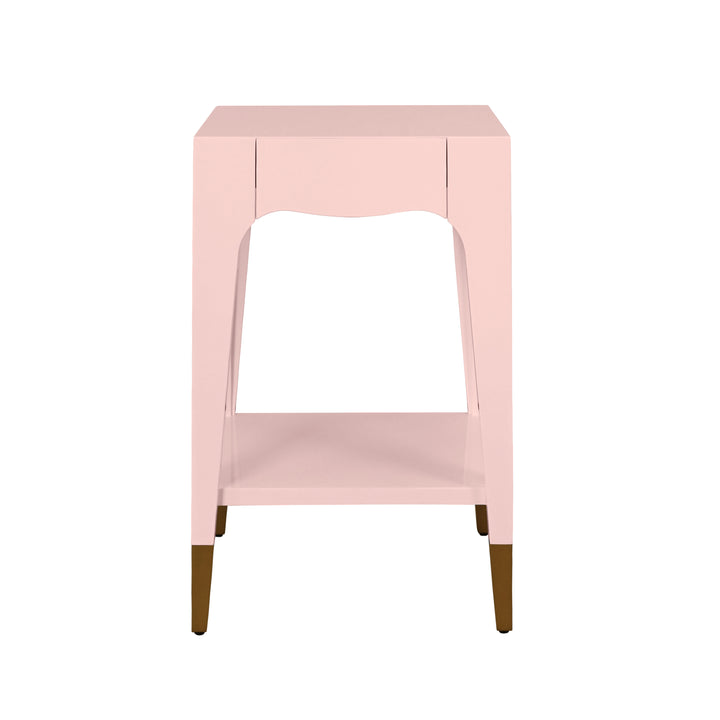 Tapered Leg One Drawer Side Table With Antique Brass Foot Caps In Rose Lacquer - PATTI PI