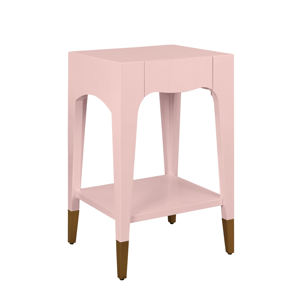 Tapered Leg One Drawer Side Table With Antique Brass Foot Caps In Rose Lacquer - PATTI PI