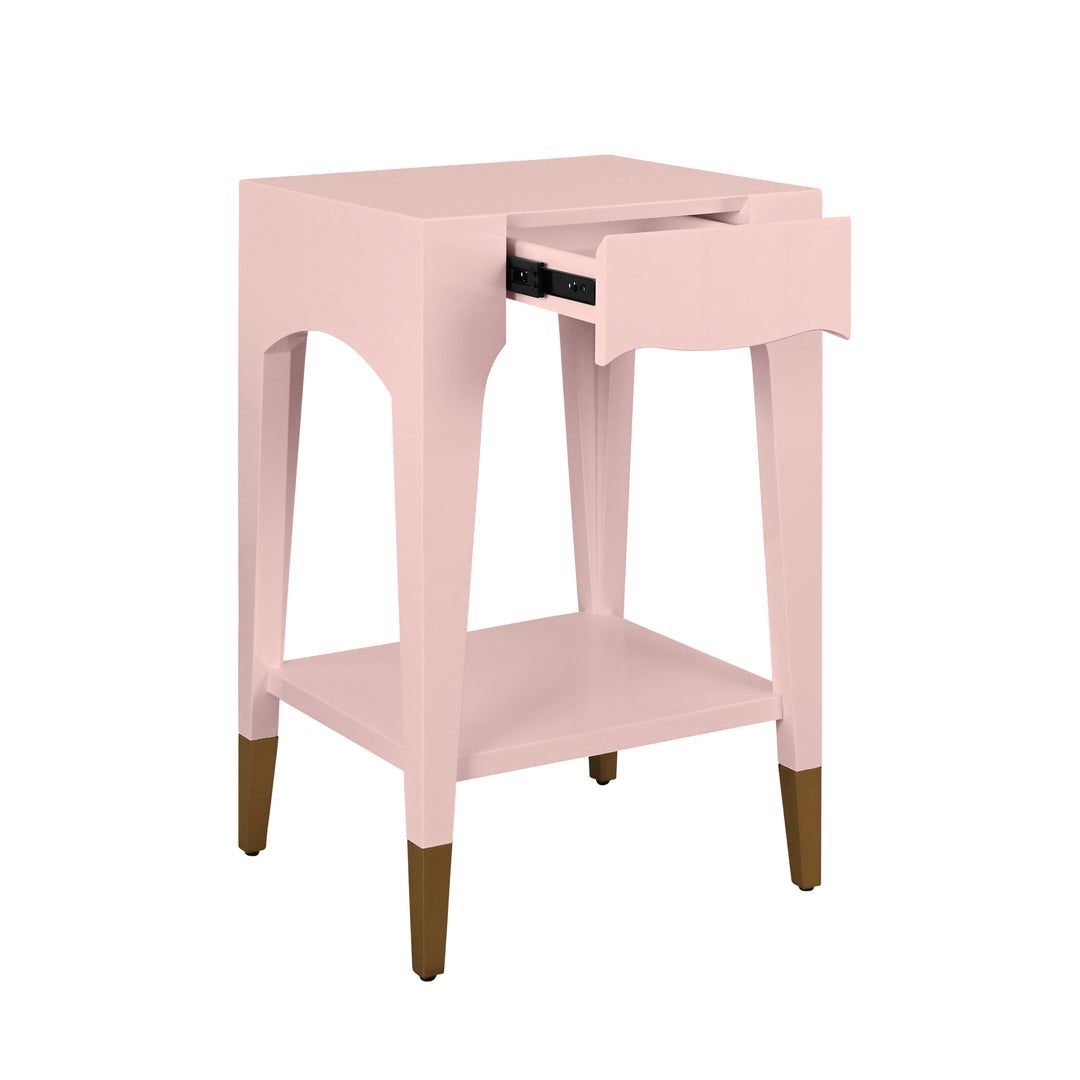 Tapered Leg One Drawer Side Table With Antique Brass Foot Caps In Rose Lacquer - PATTI PI