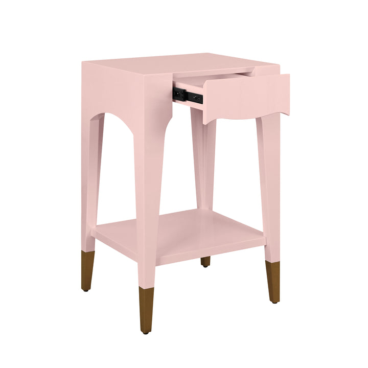 Tapered Leg One Drawer Side Table With Antique Brass Foot Caps In Rose Lacquer - PATTI PI