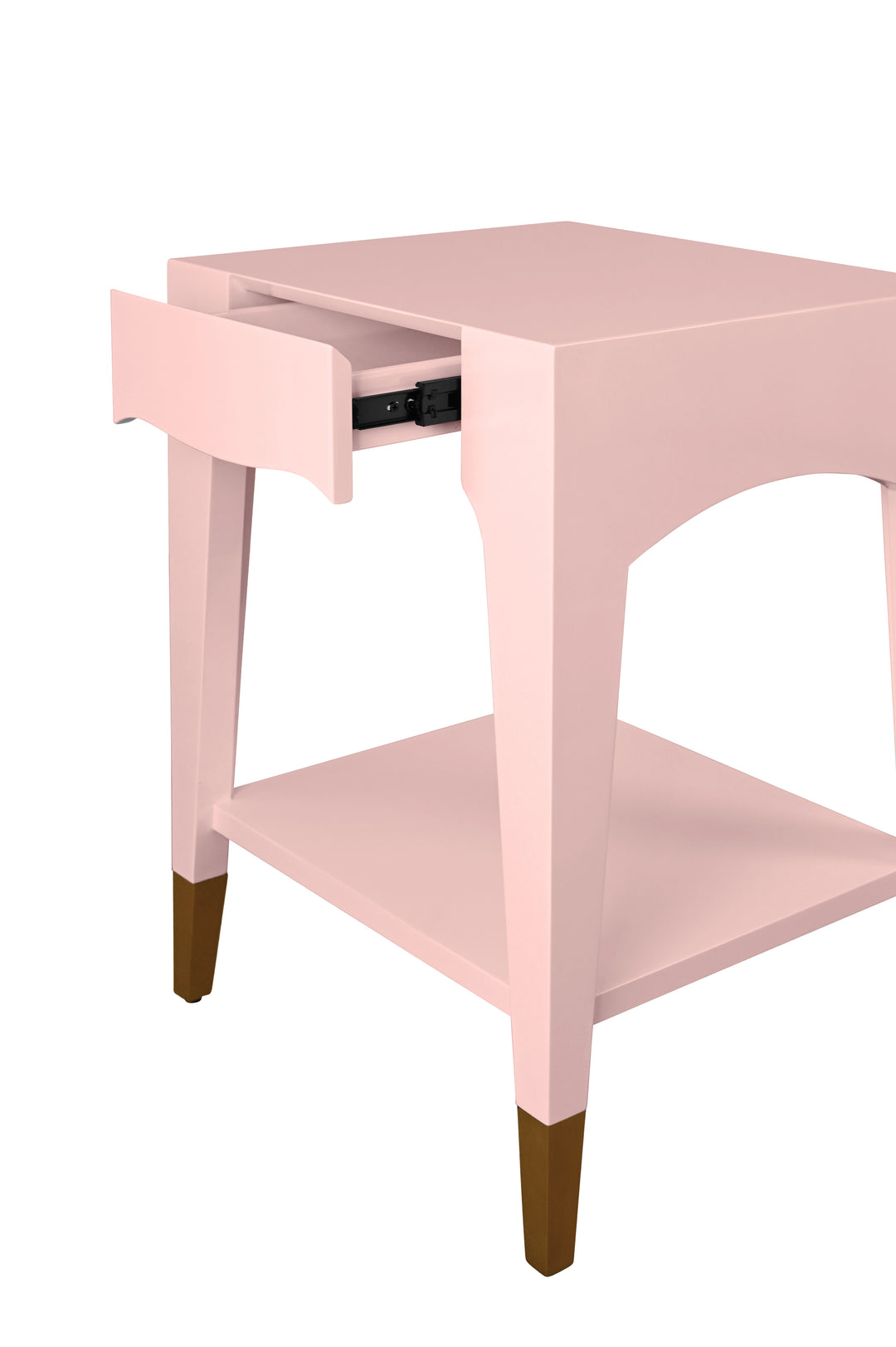 Tapered Leg One Drawer Side Table With Antique Brass Foot Caps In Rose Lacquer - PATTI PI