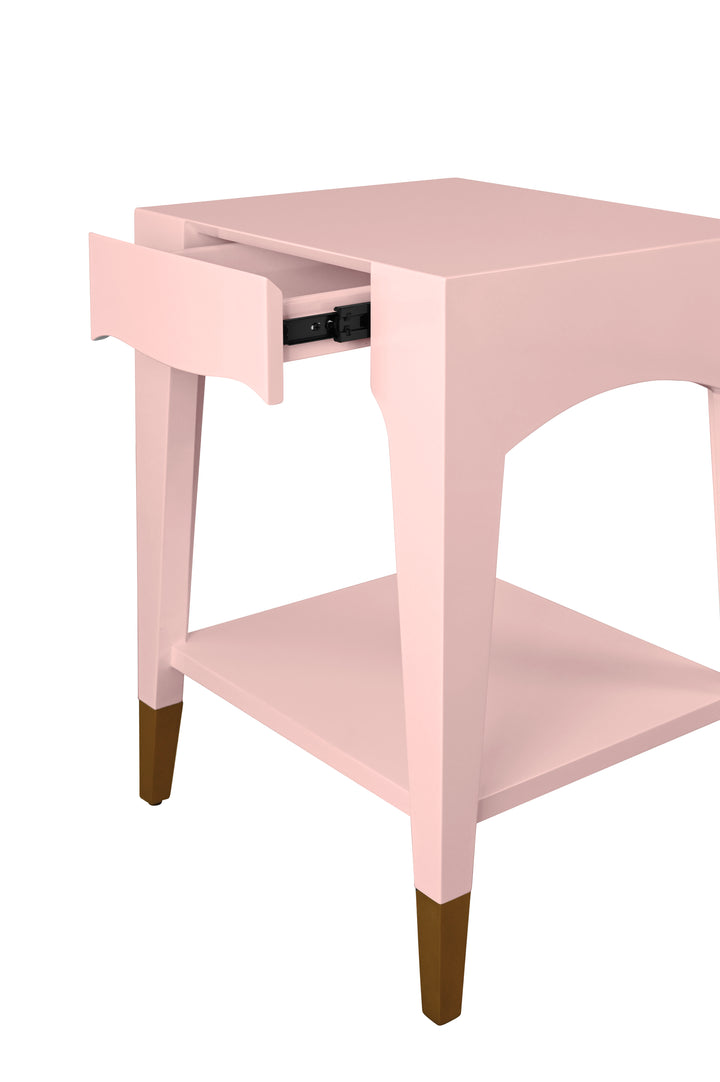 Tapered Leg One Drawer Side Table With Antique Brass Foot Caps In Rose Lacquer - PATTI PI