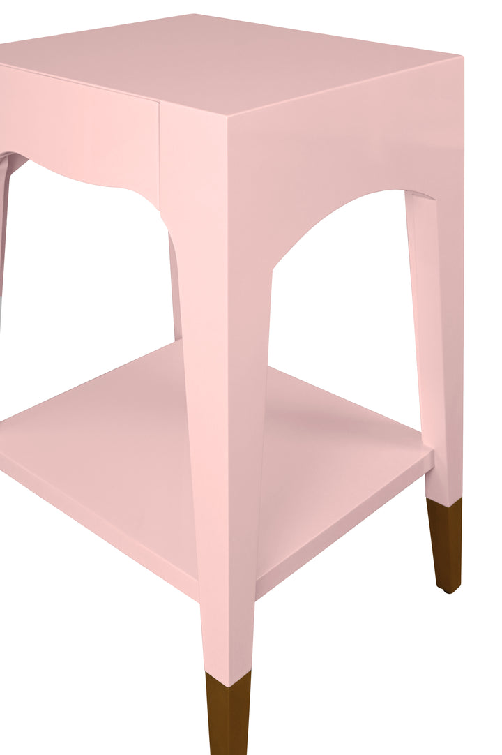 Tapered Leg One Drawer Side Table With Antique Brass Foot Caps In Rose Lacquer - PATTI PI