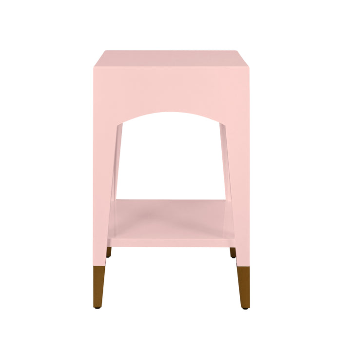 Tapered Leg One Drawer Side Table With Antique Brass Foot Caps In Rose Lacquer - PATTI PI