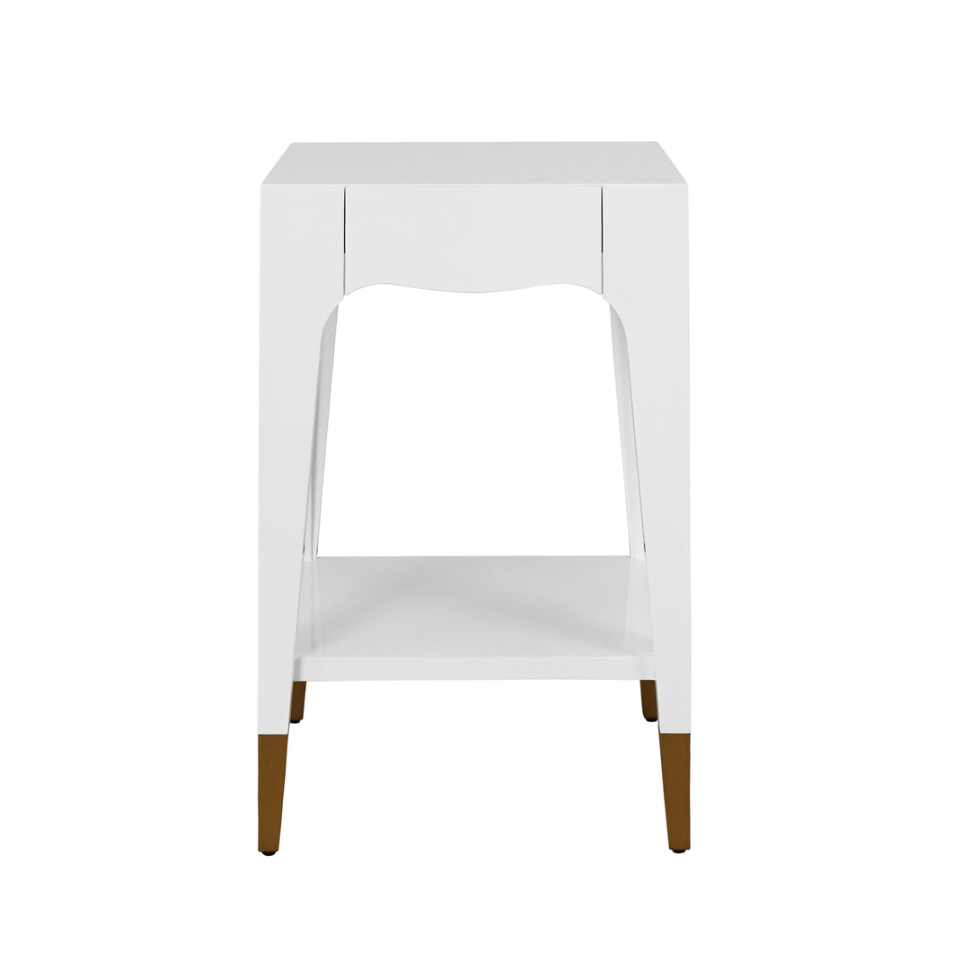 Tapered Leg One Drawer Side Table With Antique Brass Foot Caps In Off White Lacquer - PATTI WH