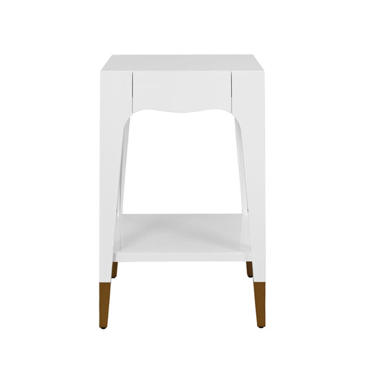 Tapered Leg One Drawer Side Table With Antique Brass Foot Caps In Off White Lacquer - PATTI WH